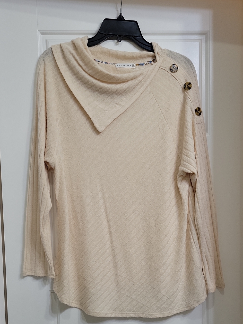 Button-Shoulder Cream Cowl-Neck Sweater - Picture 1 of 4